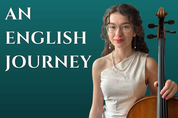 Female cellist against green background with text "AN ENGLISH JOURNEY"