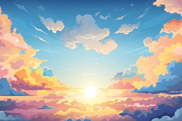 Colourful illustration of radiant sun and clouds