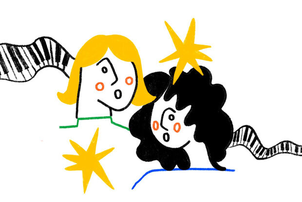 Stylised illustration of two women against piano keyboard