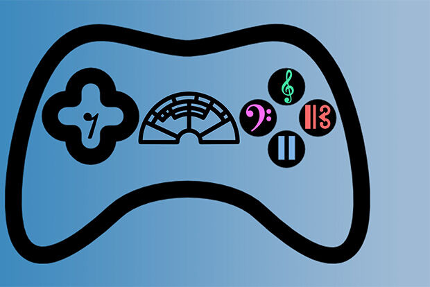 Computer game controller with music notation clef symbols