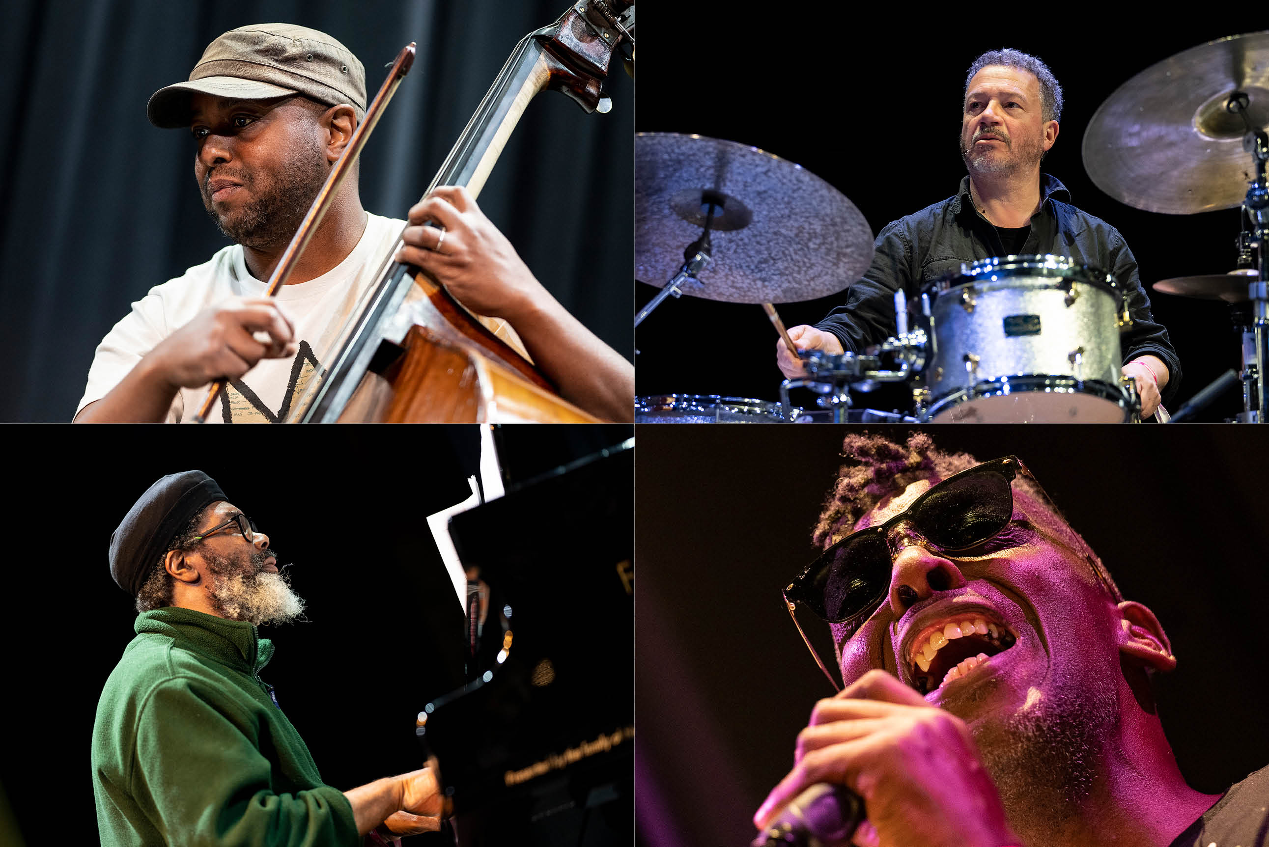 Montage of jazz musicians, Neil Charles, Cleveland Watkiss, Pat Thomas and Mark Sanders.
