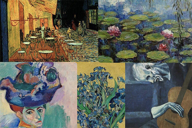 Montage of 19th and 20th century paintings including Van Gogh, Monet and Picasso