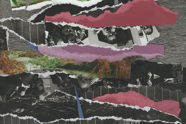 Collage of torn horizontal strips of inverted photographs of people on telephones, vegetation, pinstripes and coloured paper.