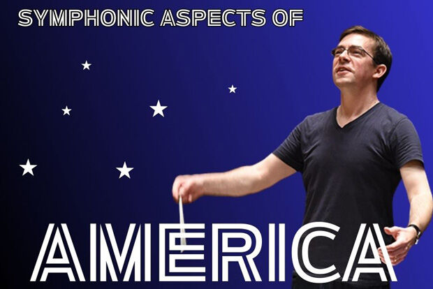 Bespectacled conductor against blue background including stars and text "SYMPHONIC ASPECTS OF AMERICA"