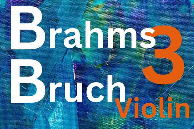 Text "Brahms Bruch 3 violin" white and orange against blue background