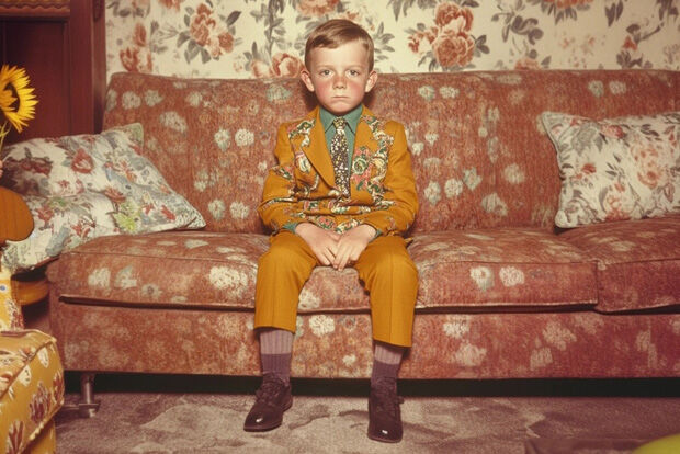 Small boy sitting in a lavishly decorated room, early 20th century