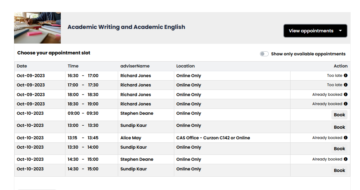 A screenshot of the Academic Writing and Academic English tutorial type expanded, and a view of all available tutorial slots - showing the date, time, adviser name, location, and book button.