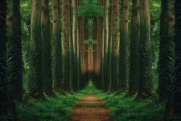 Path between tall trees