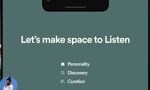 Graphic Design student work - phone music apps showing various artists with copy 'Let's make space to Listen', 'Personality, Discovery, Curation'