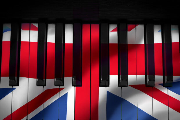 Union Jack superimposed over piano keyboard