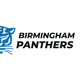 The logo of the netball team Birmingham Panthers. On a white background it has the team name and a blue graphic of a roaring panther