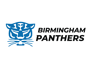 The logo of the netball team Birmingham Panthers. On a white background it has the team name and a blue graphic of a roaring panther