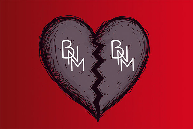 Broken heart on red background with letters 'BNM' on each lobe.