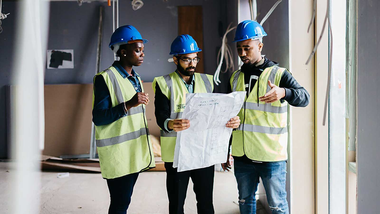 Three students on construction site, one holding a blueprint