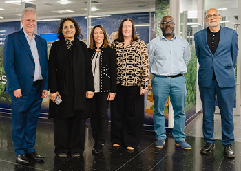 Mike Leonard, Dr Mateo-Garcia, Professor Hanifa Shah and Professor Harris Beider pictured with colleagues at the Centre for Future Homes launch event 2024