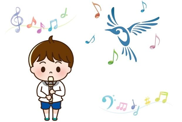 Illustration of person playing flute with a bird and music notes surrounding