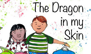Illustrated book cover of two children sitting next to a dragon