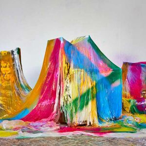 Fine Art installation: blocks covered in sheets spray painted in bright colours