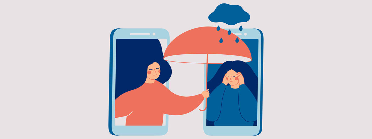 Ambassador Blog Building an Online Community Image 1200x450 - Cartoon of one woman holding an umbrella over another through smart phone screens