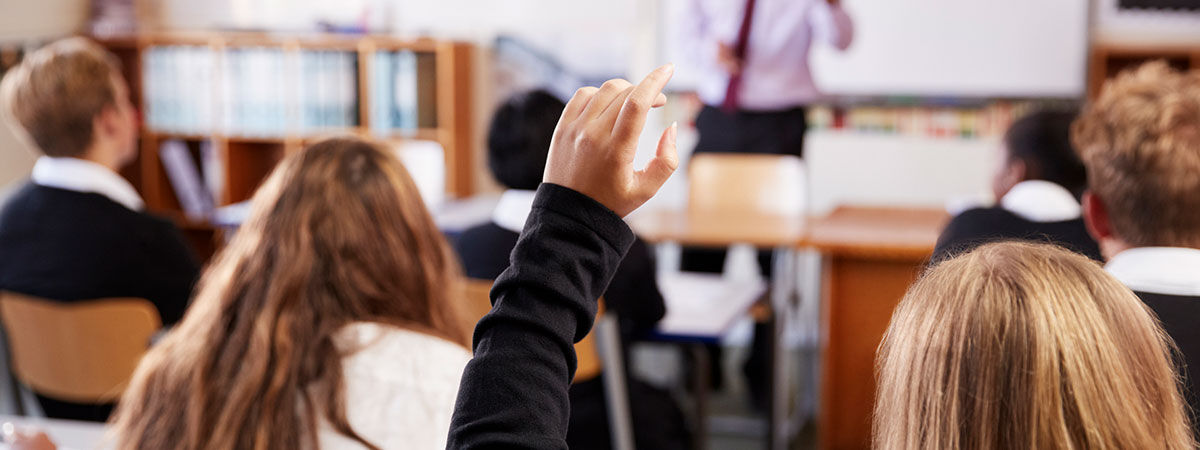 School pupil in lesson raising hand