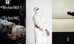 Student work: #WeAreMiU with trainer with N and residential house image superimposed; male model in all white including white balaclava; empty book with Chinese lettering and side image of woman
