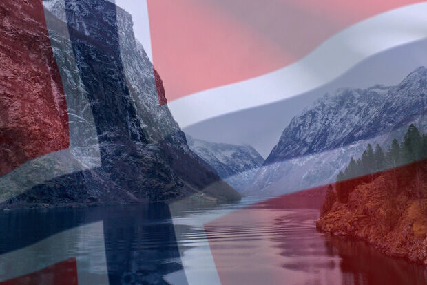 Norwegian fjord superimposed by Norwegian flag