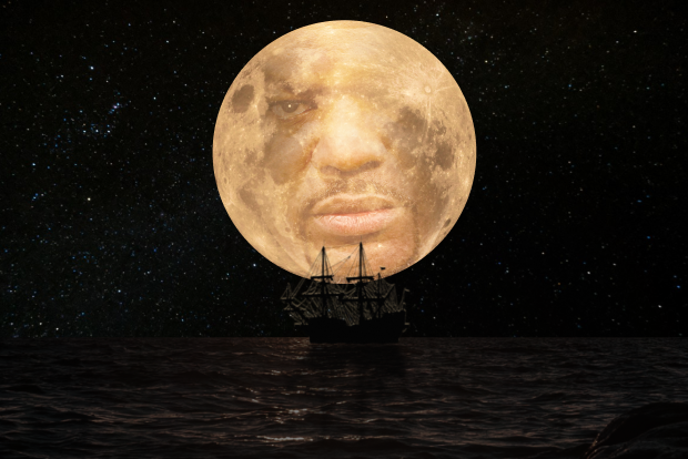 Photoshopped image of face in the moon, above a ship on the sea