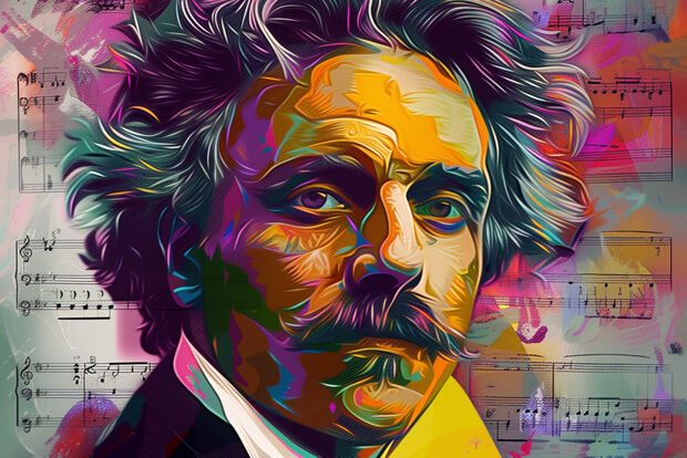 Colourful illustration of Gabriel Fauré