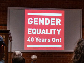 Image of the presentation title screen at the Gender Equality: 40 years on! podcast launch November 2024