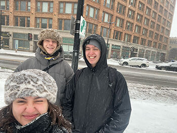 Photo: (l-r) Grace Conner, Nick Manz and Nat Evans in snowy New York