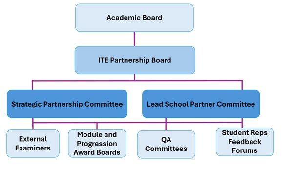 A hierarchical diagram of committees and boards within a university.  The top level of the diagram is the Academic Board. Below that are two branches: the ITE Partnership Board and the Strategic Partnership Committee. The ITE Partnership Board has two branches: the Lead School Partner Committee and the Module and Progression Award Boards. The Lead School Partner Committee has two branches: the External Examiners and the Student Reps Feedback Forums. The Strategic Partnership Committee has two branches: the QA Committees and the Module and Progression Award Boards.