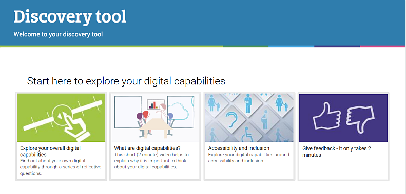 Screenshot of four main tabs on JISC Discovery Tool Homepage. tab 1:explore your digital capabilities,  tab 2: what are digital capabilities  tab 3: Accessibility and Inclusion  tab 4: Give Feedback