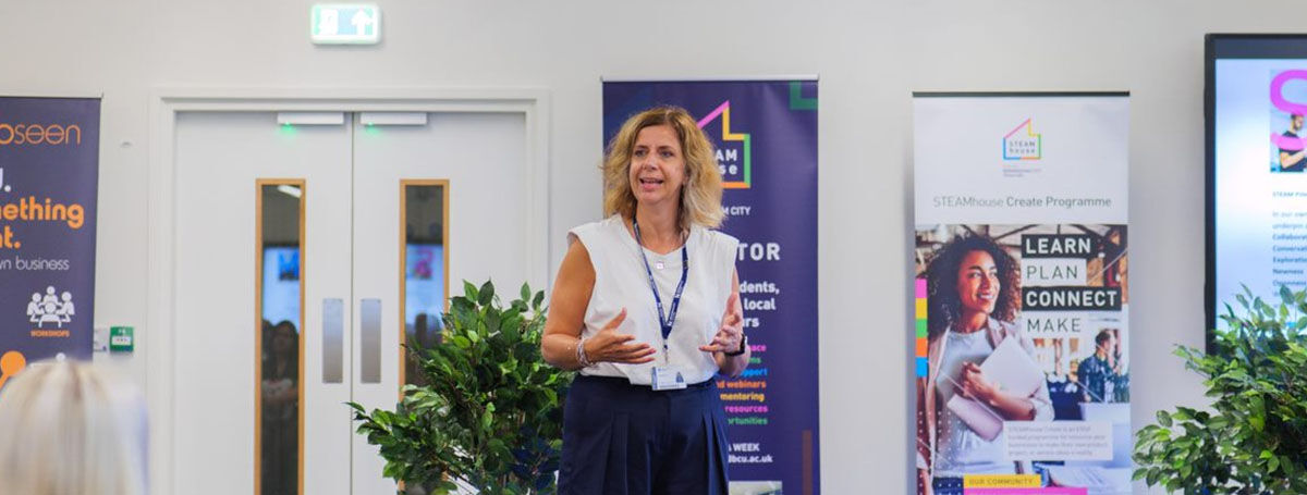 Jo Birch, Director of Innovation, Enterprise and Employability, talks at the STEAM Hatchery launch.