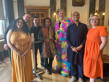 Pictured: (l-r) India Harding, Richard Shrewsbury, Jeremy Clay, Ustad Johar Ali, Joe Lycett; Mendi Singh (external partner) and Rose Johnson.