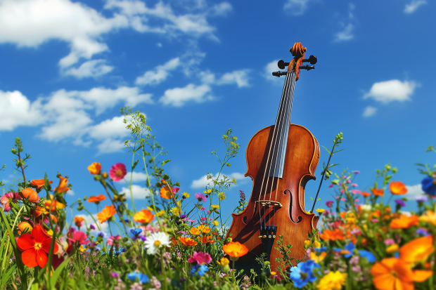 A violin in a field of flowers on a summer's day