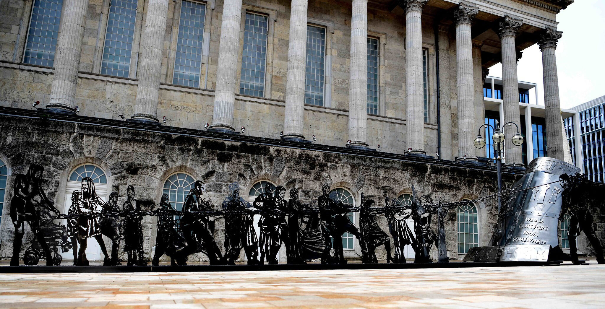 Image of Birmingham city centre art installation, featuring black metal sculptures