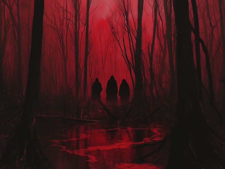 Animation of 3 figures in cloaks stood in a red sky forest