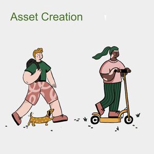 Graphic design student work - Asset creation - Cartoon characters on scooter and walking dog