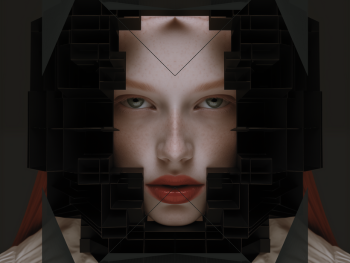 An image of a woman looking through a geometric black frame