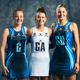 Birmingham Panter players: Gabby Marshall, Gabby Sinclair, Gabby Coffey, wearing the new netball dress kit. Two are in blue and the other is in white