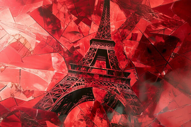 stylised red illustration of Eiffel tower