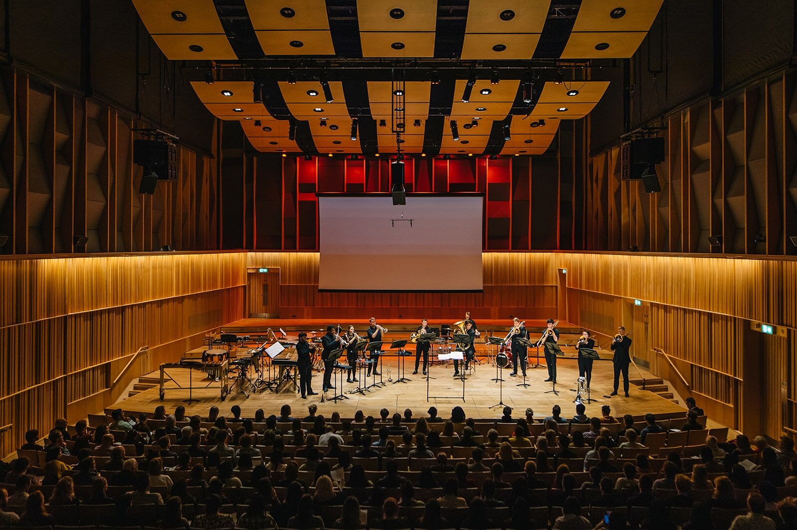 A crowd of attendees watch a live music performance inside the Royal Birmingham Conservatoire concert hall