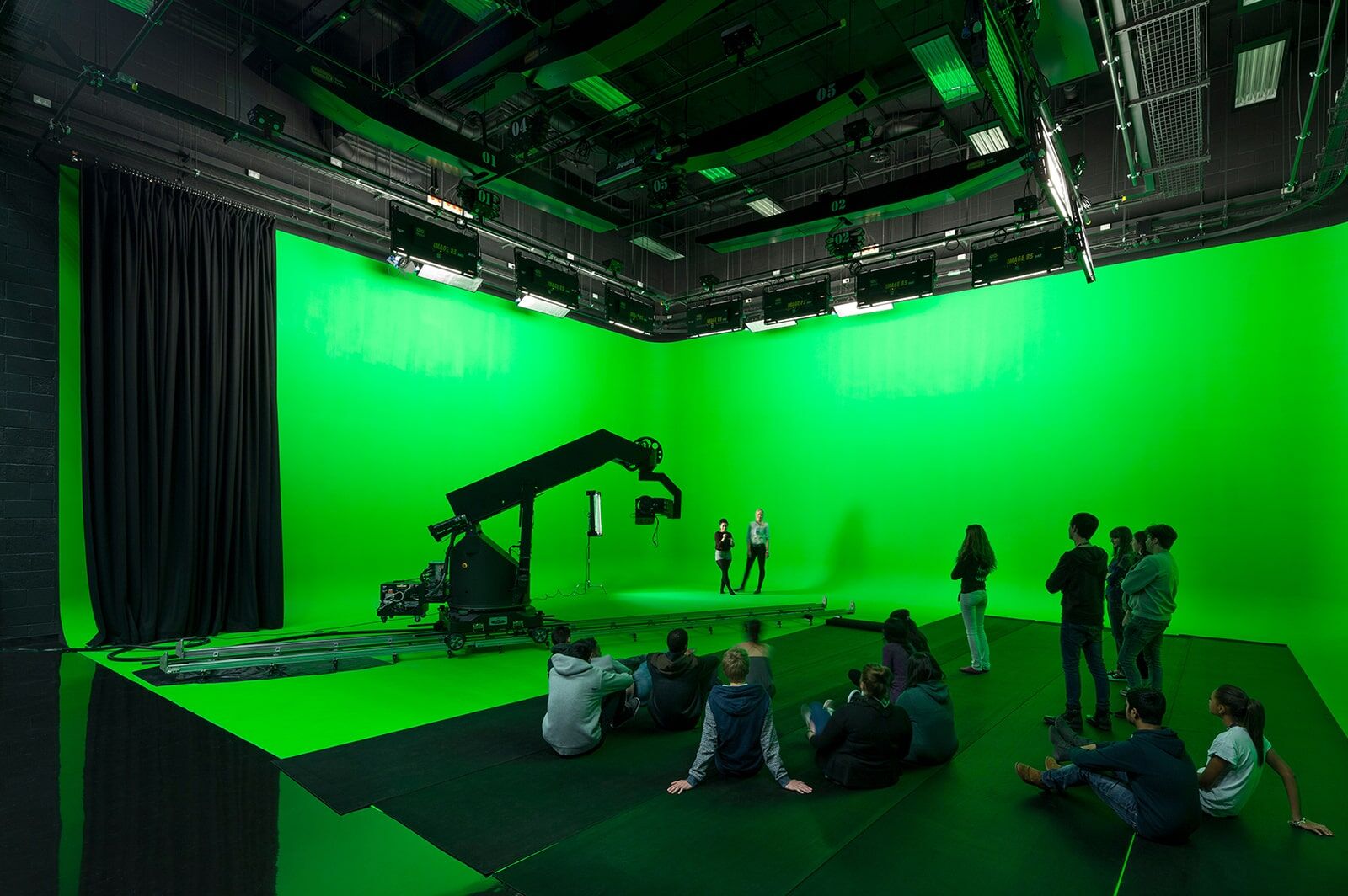 Students attend a class in the large Parkside green screen room