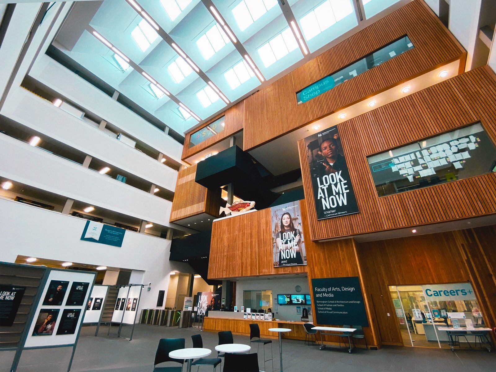 Photo of the large spacious lobby in Parkside buiding with I AM BCU banners