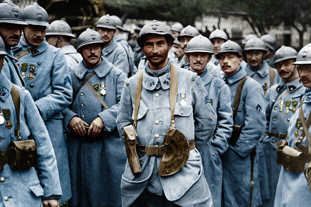 Colourised photo of French soldiers circa WW1 